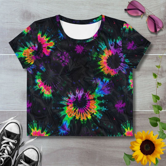 Women's all over print cropped t-shirt. Black with rainbow tie dye