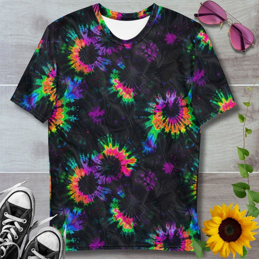 Men's all over print t-shirt. Black and rainbow tie dye