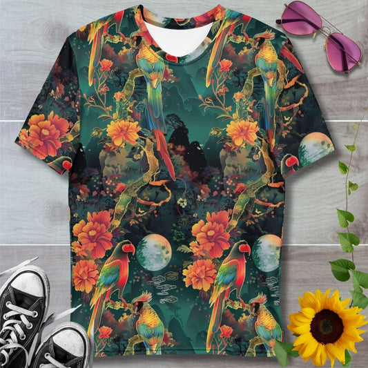 Men's all over print t-shirt. Jungle scene with colorful rainbow parrots and orange flowers