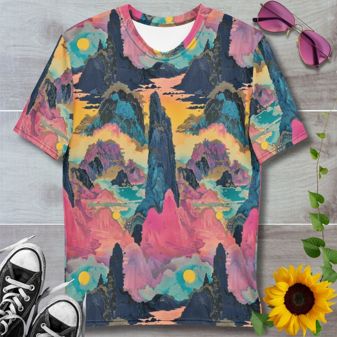 Men's all over print t-shirt. Pastel pink, yellow and blue pillar mountains above the clouds