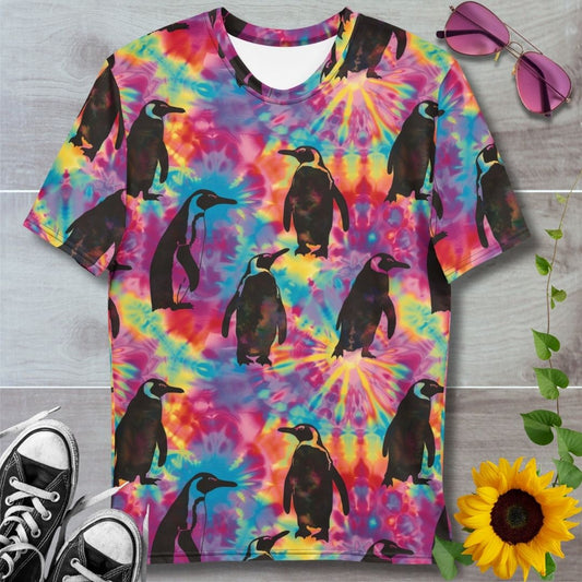 Men's all over print t-shirt. Pastel rainbow tie dye with black silhouettes of penguins