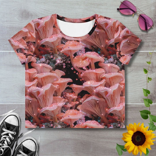 Women's all over print cropped t-shirt. Large pink glittering oyster mushrooms