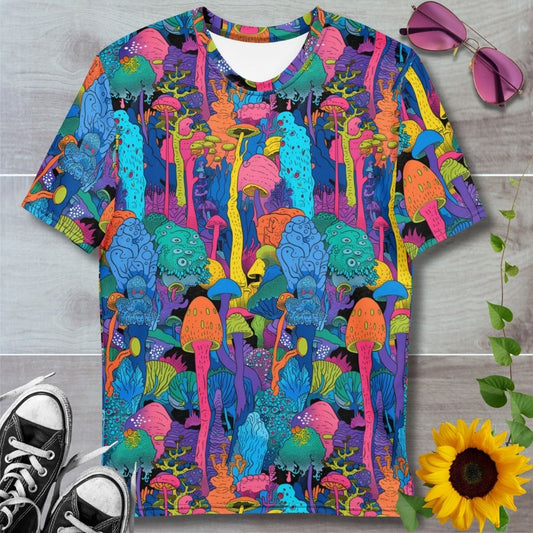 Men's all over print t-shirt. Psychedelic vibrant colored forest filled with strange trees and mushrooms