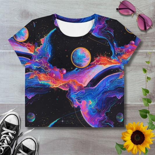 Women's all over print cropped t-shirt. Colorful space flares, planetary cosmic design