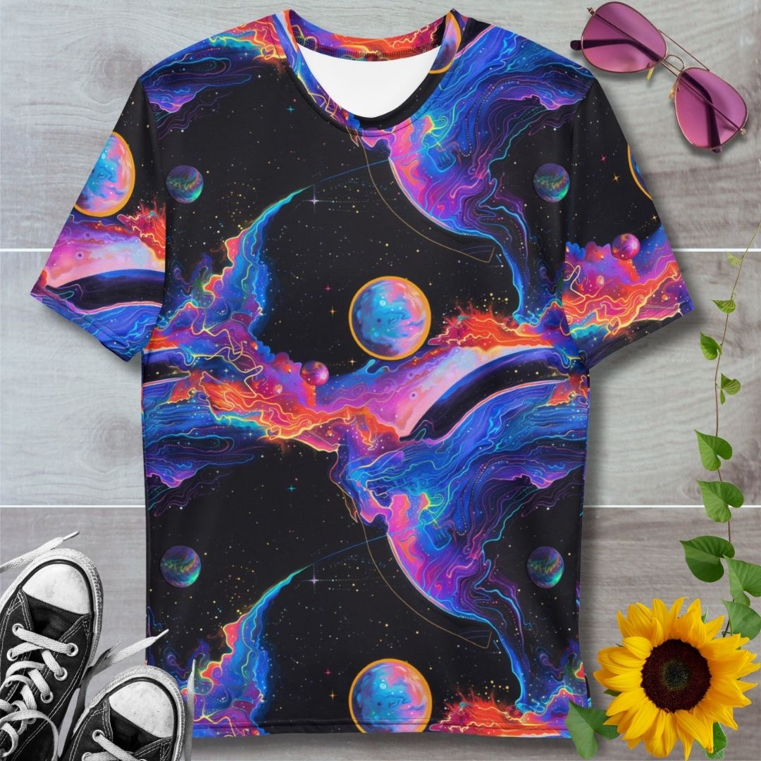 Men's all over print t-shirt. Black background of space with blue and red planets and auroras