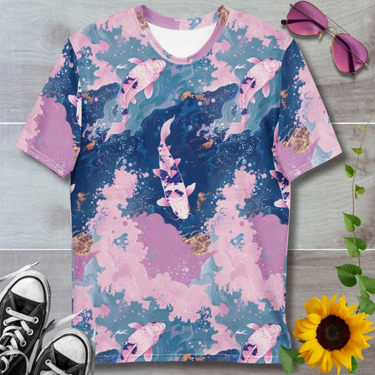 Men's all over print t-shirt. Pastel pinks and blue water with swimming pink koi fish