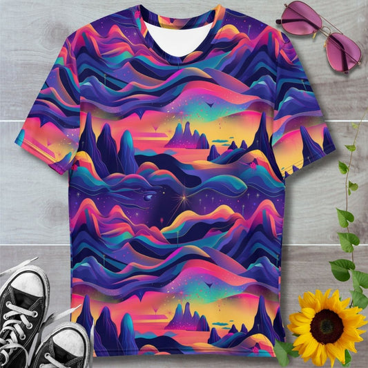 Men's all over print t-shirt. Rainbow neon prism valley of hills and mountains