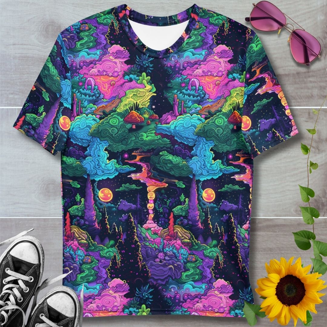 Men's all over print t-shirt. Psychedelic wonderland forest