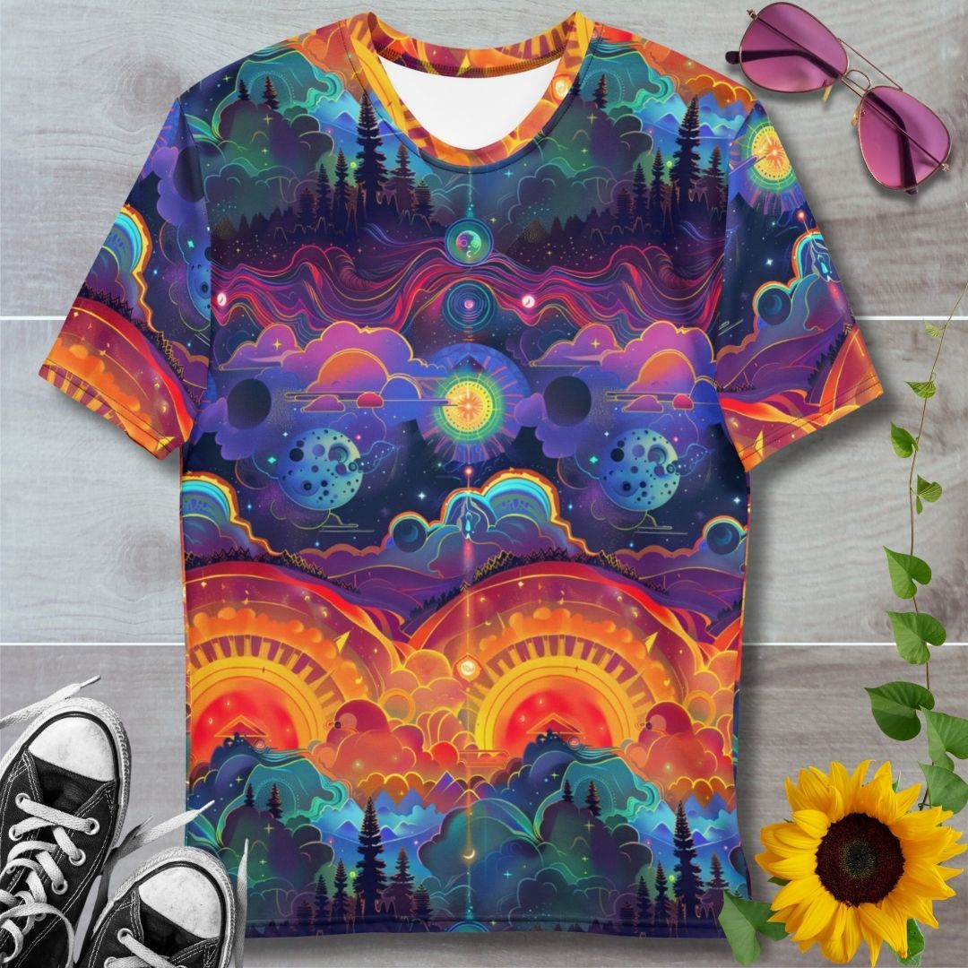 Men's all over print t-shirt. Psychedelic meditation chakra rainbow design