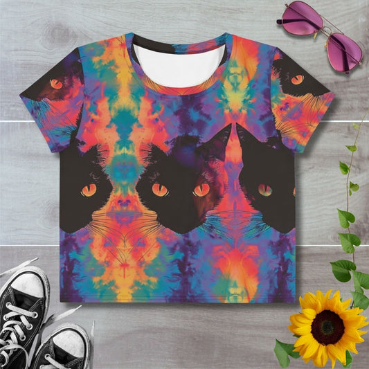 Women's all over print cropped t-shirt. Psychedelic rainbow tie dye with black cat faces