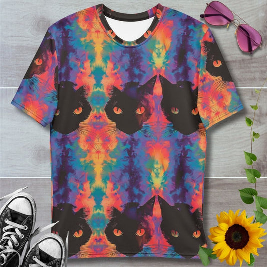Men's all over print t-shirt. Rainbow tie dye with black cat faces