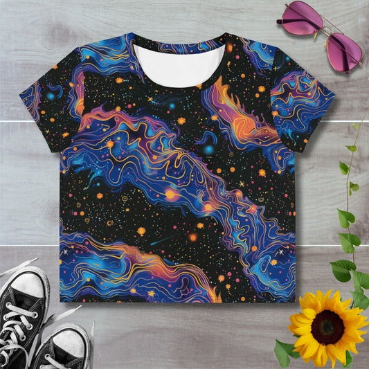 Women's all over print cropped t-shirt. Blue and orange ripples through starry black of space