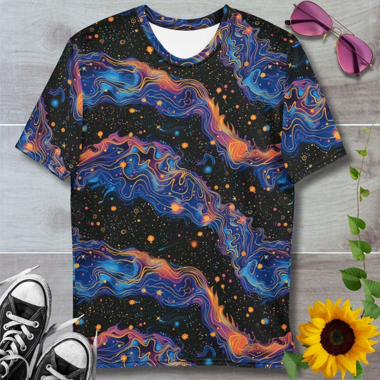 Men's all over print t-shirt. Back starry space pattern with blue and orange cosmic ripples
