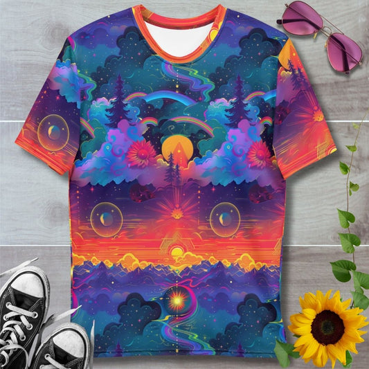 Men's all over print t-shirt. Rainbow sunrise chakra meditation