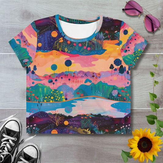 Women's all over print cropped t-shirt. Colorful rolling hills and meadows, watercolor style graphics