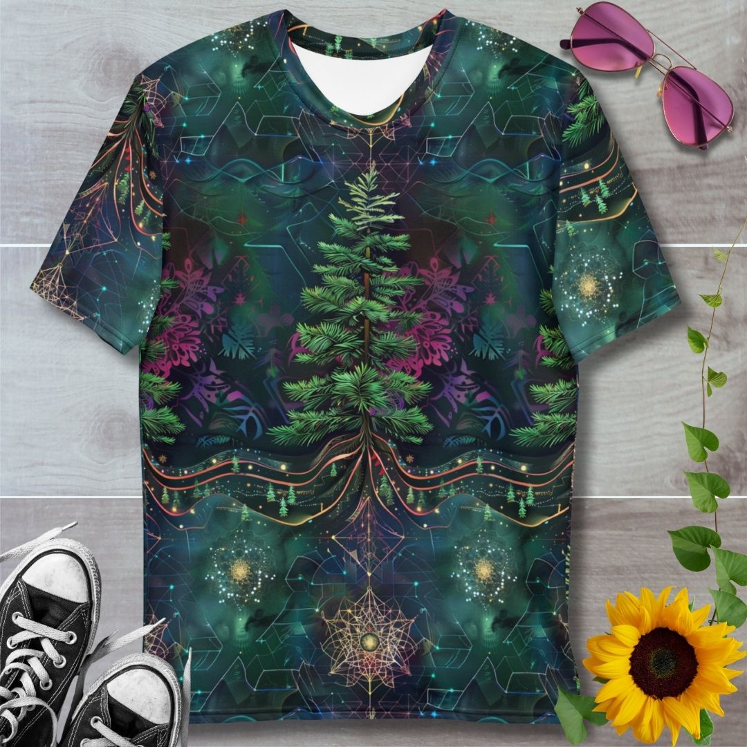Men's all over print t-shirt. Pine trees with roots turning into geometric patterns