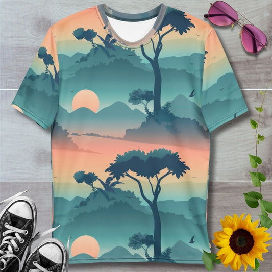 Men's all over print -shirt. Sunrise over a pastel safari like landscape