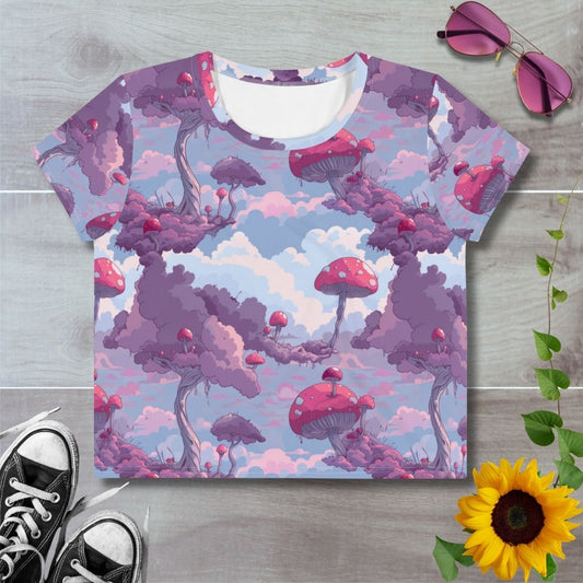 Women's all over print cropped t-shirt. Purple mushrooms reaching into the clouds