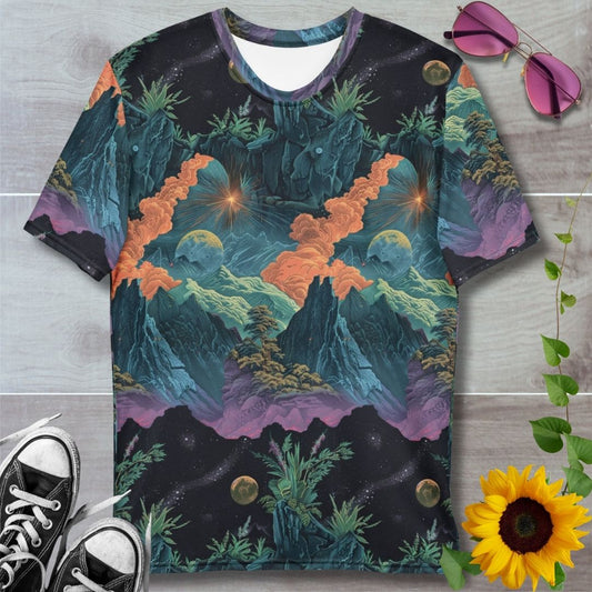 men's all over print t-shirt. Dark atmosphere volcanos with smoke clouds