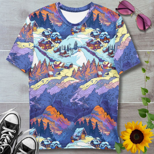 Men's all over print t-shirt. Snowy mountain village, purples and oranges