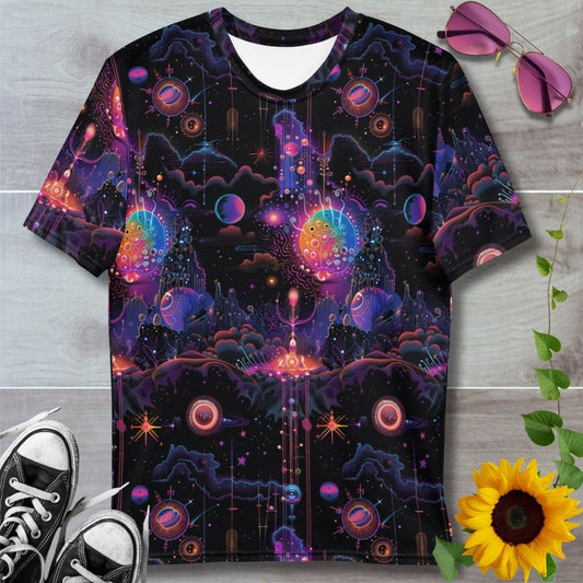 Men's all over print t-shirt. Colorful solar flares amongst planets on a black background