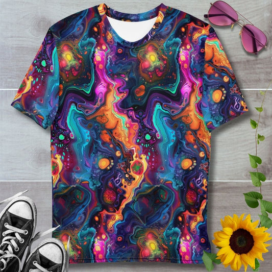 Men's all over print t-shirt. Psychedelic mix of colors in a fluid pattern