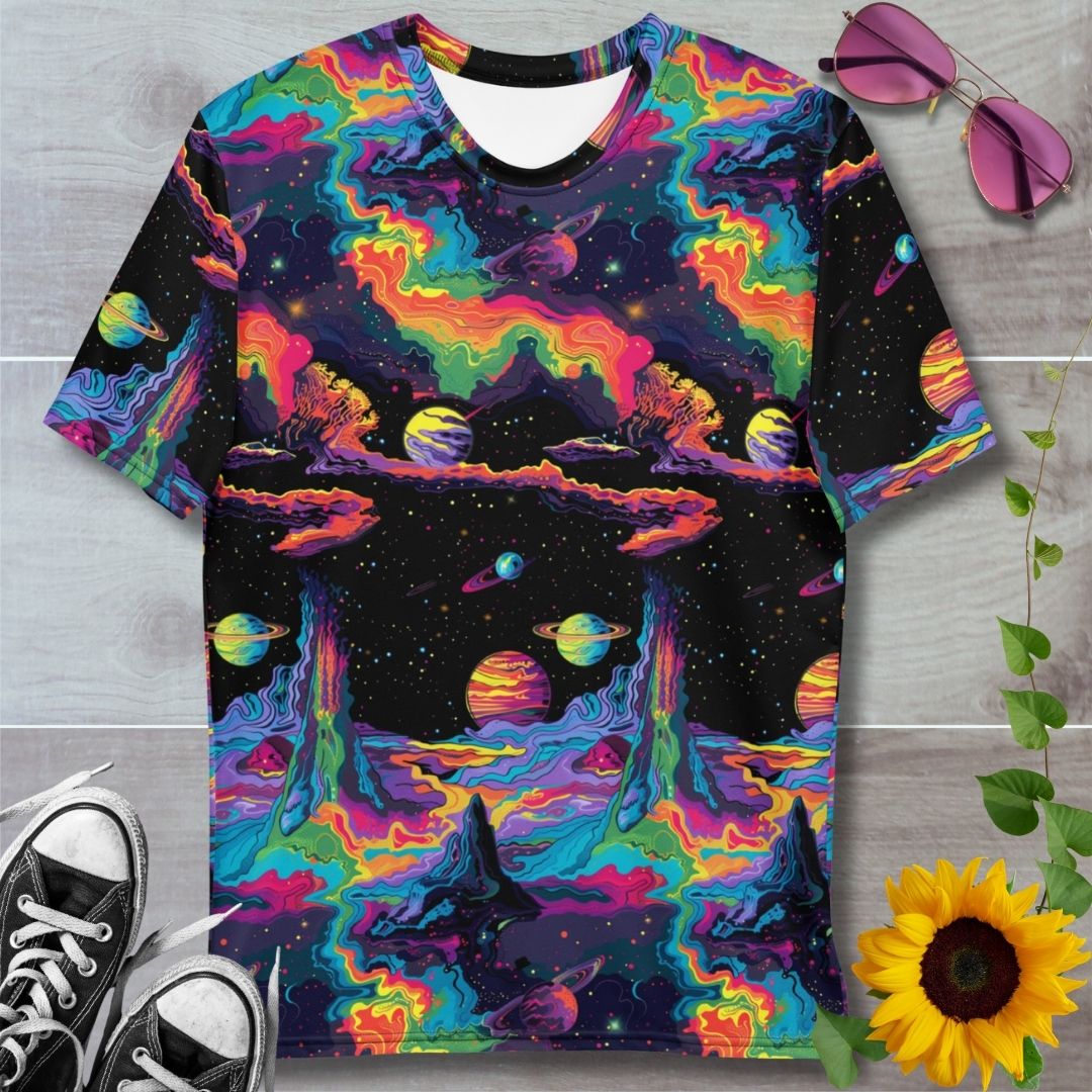 Men's all over print t-shirt. Psychedelic rainbow landscapes in space on a black starry background 