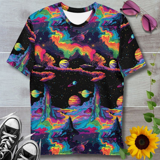 Men's all over print t-shirt. Psychedelic rainbow landscapes in space on a black starry background 