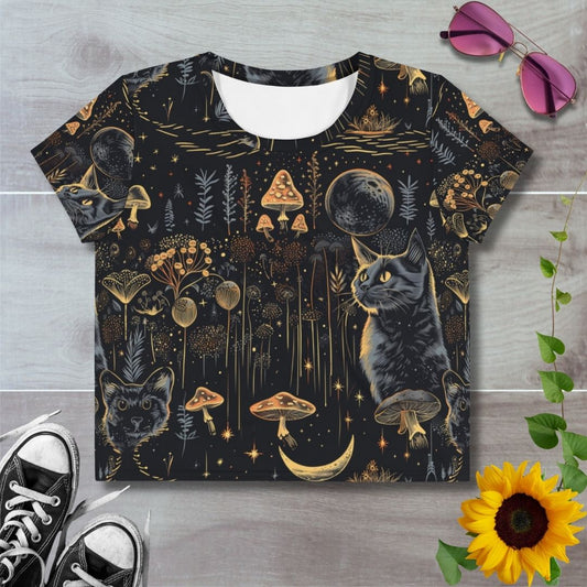 Women's all over print cropped t-shirt. Witchy mystical patterns of black cats and mushrooms under the moonlight