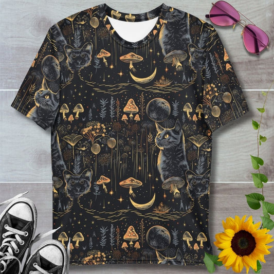 Men's all over print t-shirt. Mystical patterns of black cats and mushrooms under the moon