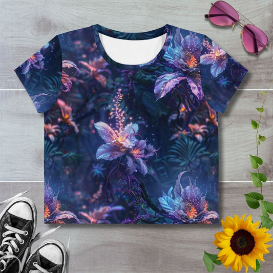 Women's all over print cropped t-shirt. Purple orchids