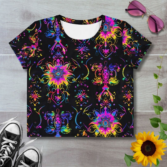Women's all over print cropped t-shirt. Psychedelic rainbow patterns, black background