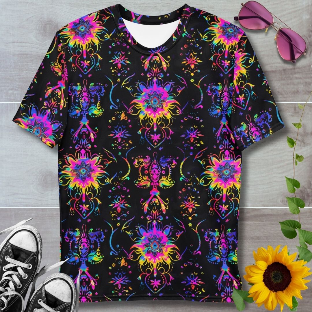 Men's all over print t-shirt. Psychedelic colorful patterns on black background