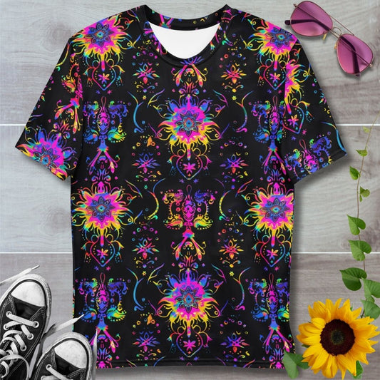 Men's all over print t-shirt. Psychedelic colorful patterns on black background