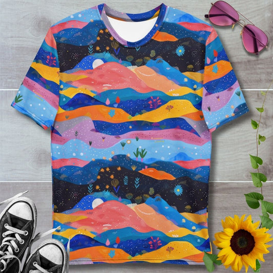 Men's all over print t-shirt. Colorful rolling hills and meadows against a starry sky