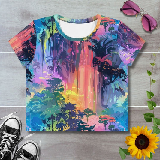 Women's all over print cropped t-shirt. Hazy rainbow waterfalls fall over jungle treetops