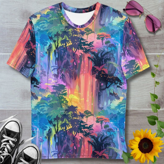 Men's all over print t-shirt. Rainbow sunlight through the trees