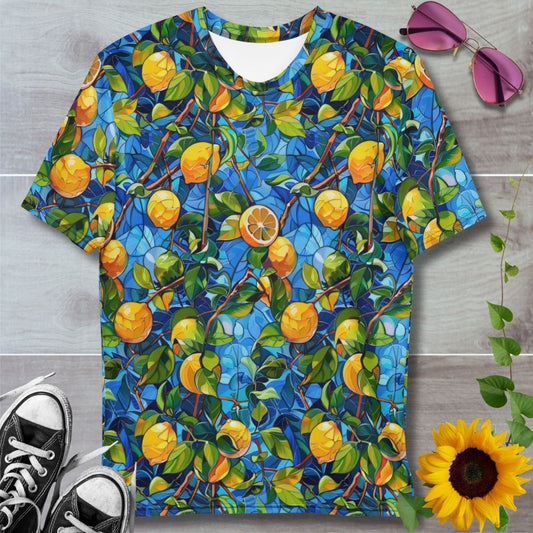 Men's all over print t-shirt. Lemons and vines on blue stained glass background