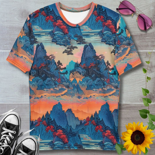 Men's all over print t-shirt. Blue mountains with red trees and glowing orange sky