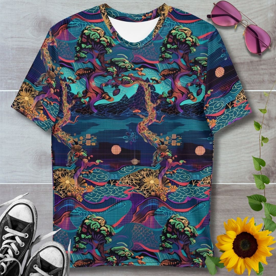 Men's all over print t-shirt. Psychedelic cyber trees 