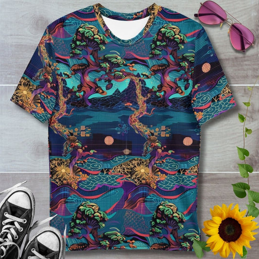 Men's all over print t-shirt. Psychedelic cyber trees 