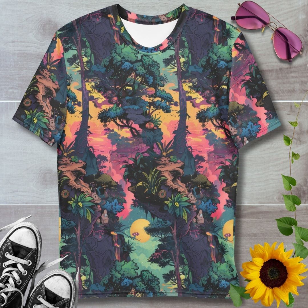 Men's all over print t-shirt. Twisted jungle canopies against a colorful horizon