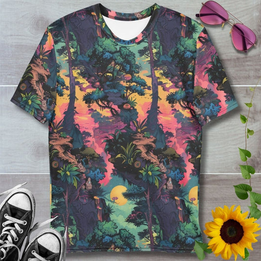 Men's all over print t-shirt. Twisted jungle canopies against a colorful horizon