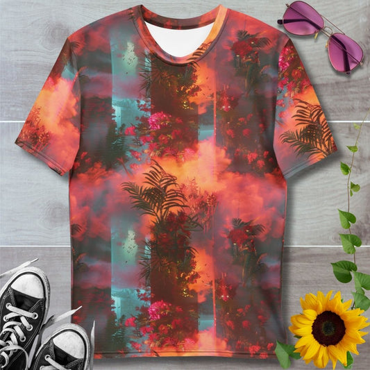 Men's all over print t-shirt. Hazy tropical graphics orange clouds