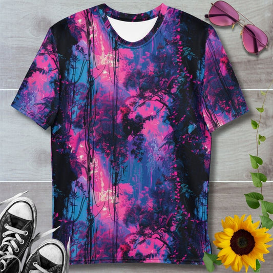 Men's all over print t-shirt. Silhouette of jungle vines against twilight pink and blue background