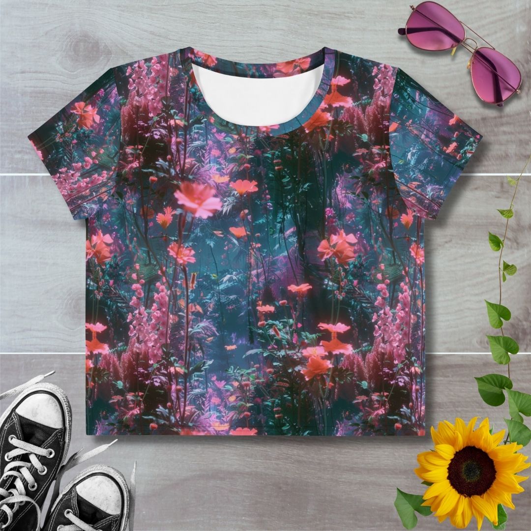 Women's all over print cropped t-shirt. Pink floral blossoms in an underwater scene