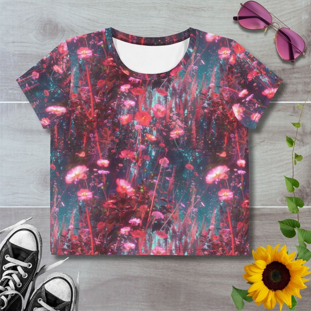 Women's all over print cropped t-shirt. Red floral dandelions against blue background