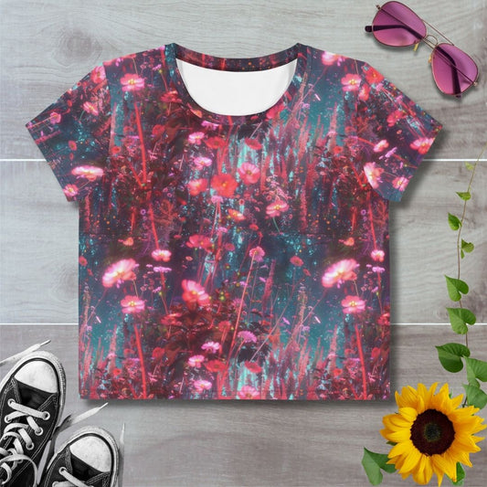 Women's all over print cropped t-shirt. Red floral dandelions against blue background