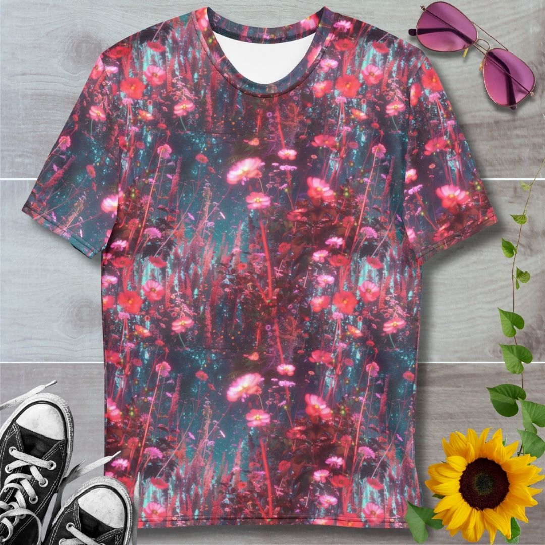 Men's all over print t-shirt. Red floral dandelions