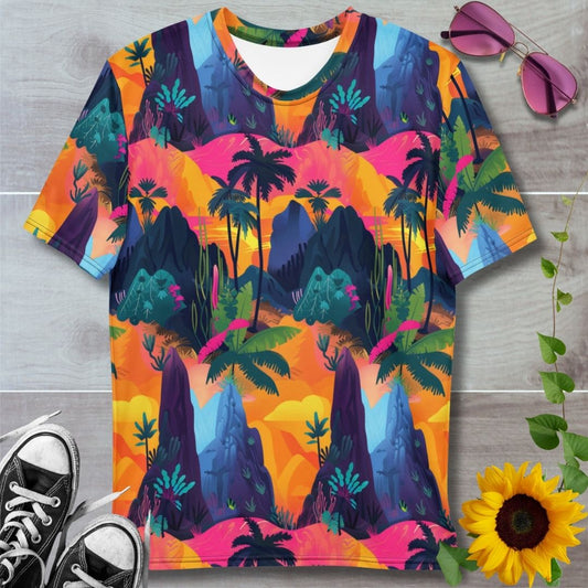 Men's all over print t-shirt. Mountains and palm trees, Hawaiin tropical vibes, bright oranges, pinks and blues
